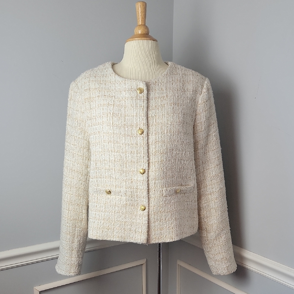 MARLED Cream Gold Metallic‎ Thread Classic Old Money Lady Jacket Blazer Coat XL